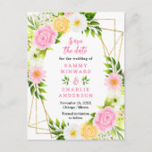 Rosa und gelbe Blumen heiraten das Datum Postkarte (Vorderseite)