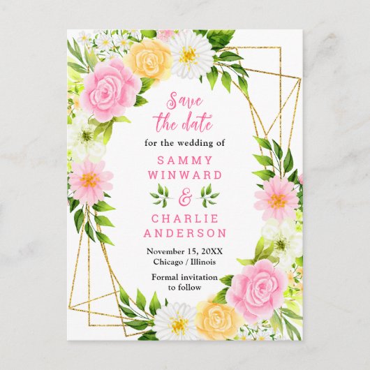 Rosa und gelbe Blumen heiraten das Datum Postkarte (Vorderseite)