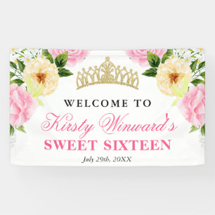 Rosa und gelbe Blumen heißen Sweet Sixteen willkom Banner