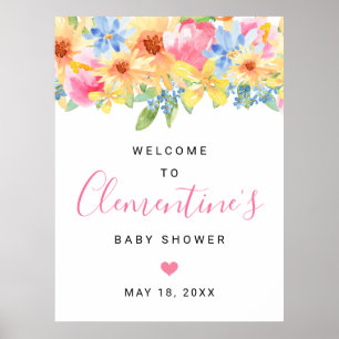 Rosa und gelbe Blumen-Hochzeitsshower Willkommen Poster
