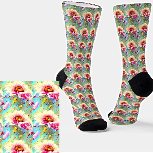 Rosa und gelbe Blumen im Aqua Socken