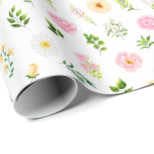 Rosa und gelbe Blumen mit Blattmuster Geschenkpapier (Rolleneckpunkt)