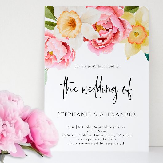 Rosa und gelbe Blumenschrift QR Code Hochzeit Einladung