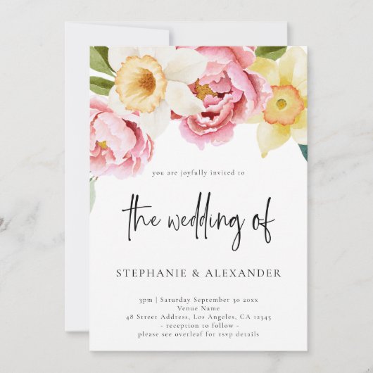 Rosa und gelbe Blumenschrift QR Code Hochzeit Einladung (Vorderseite)