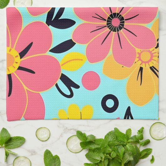 Rosa und gelbe Blüten auf Sky Blue Dopamin Style Geschirrtuch (Gefaltet)