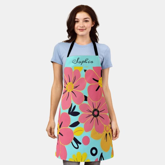 Rosa und gelbe Blüten auf Sky Blue Dopamin Style Schürze (Getragen)