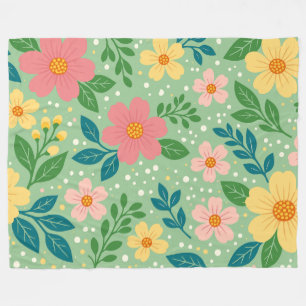 Rosa und gelbe Blüten mit grünen und blauen Blätte Fleecedecke