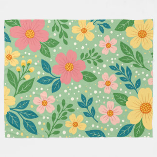 Rosa und gelbe Blüten mit grünen und blauen Blätte Fleecedecke