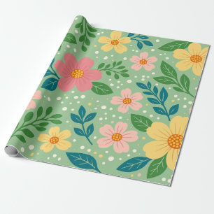 Rosa und gelbe Blüten mit grünen und blauen Blätte Geschenkpapier