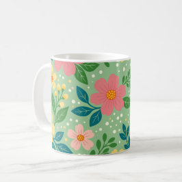 Rosa und gelbe Blüten mit grünen und blauen Blätte Kaffeetasse