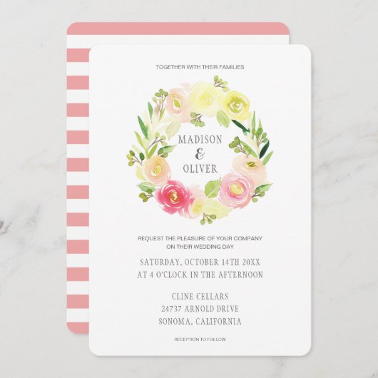 Rosa und gelbe Blütenfarbe | Hochzeit Einladung (Vorne/Hinten)