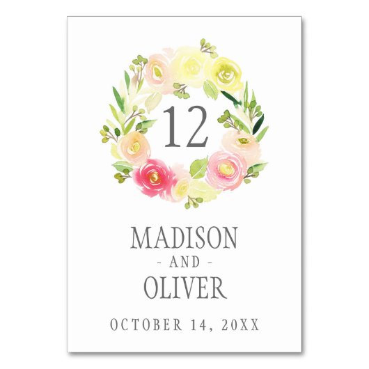 Rosa und gelbe Blütenfarbe | Hochzeit Tischnummer (Rückseite)