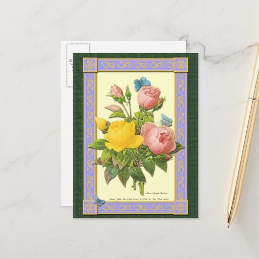 Rosa und gelbe botanische Rose Leere Postkarte (Vorderseite/Rückseite Beispiel)