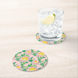 Rosa und gelbe Chinoiserie Blumen Runder Pappuntersetzer