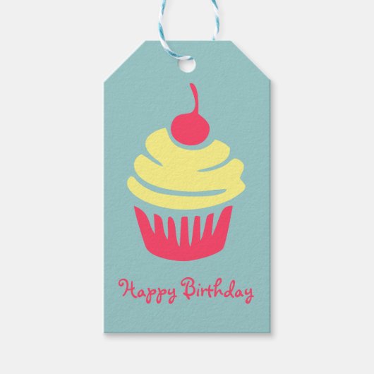 Rosa und gelbe Cupcake Cherry am höchsten Geburtst Geschenkanhänger (Vorderseite)