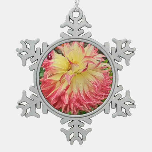 Rosa und Gelbe Dahlia Schneeflocken Zinn-Ornament (Vorderseite)