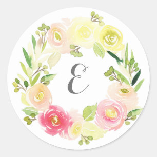 Rosa und gelbe Farbe Blumenkraut   Monogramm Runder Aufkleber