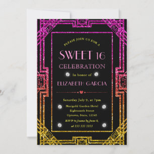 Rosa und gelbe Glitter Art Deco Rahmen Sweet 16 Einladung
