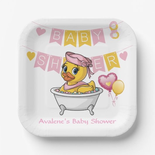 Rosa und gelbe Gummi Duck Girl Babydusche Pappteller (Vorderseite)