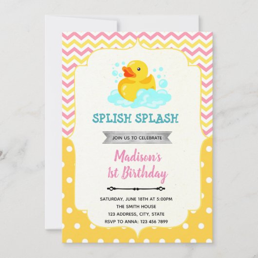 Rosa und gelbe Gummiente Einladung (Vorderseite)