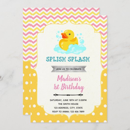 Rosa und gelbe Gummiente Einladung (Vorne/Hinten)
