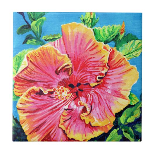 Rosa und gelbe Hawaiianische Hibisken Keramik Tile Fliese (Vorderseite)