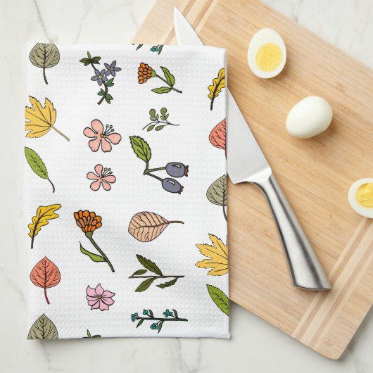 Rosa und gelbe Herbstblumen und Blätter Geschirrtuch (Viertel Falte)