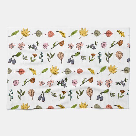 Rosa und gelbe Herbstblumen und Blätter Geschirrtuch (Horizontal)