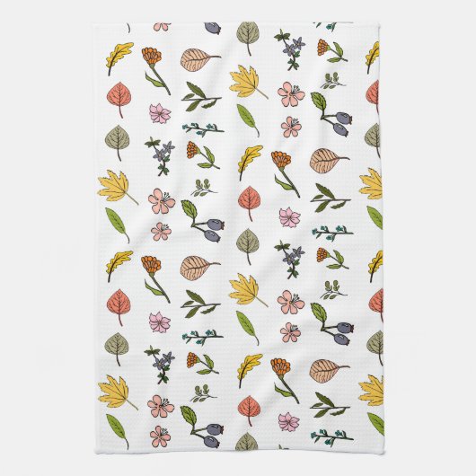 Rosa und gelbe Herbstblumen und Blätter Geschirrtuch (Vertikal)
