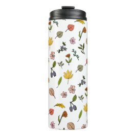 Rosa und gelbe Herbstblumen und Blätter Thermosbecher