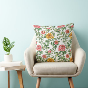 Rosa und gelbe illustrierte Chinoiserie-Pfingstros Kissen