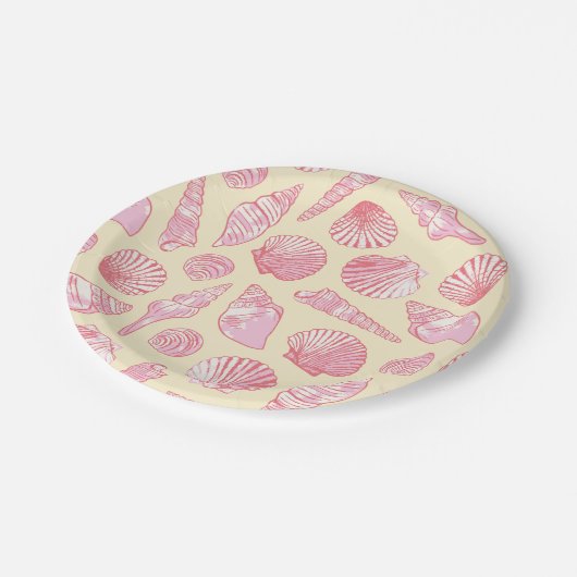 Rosa und gelbe, lackierte Muscheln Pappteller (Schrägansicht)