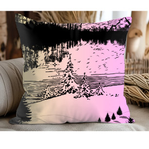 Rosa und gelbe Linie Art Pine Trees Sonnenuntergan Kissen
