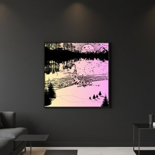 Rosa und gelbe Linie Art Pine Trees Sonnenuntergan Poster