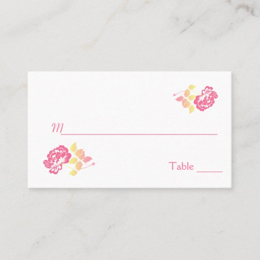 Rosa und gelbe Pfirsiche auf weißen Platzkarten (Vorderseite)