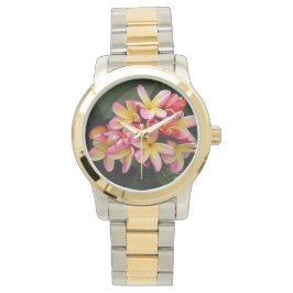 Rosa und gelbe Plumeria-Blume Zweittonuhr Armbanduhr