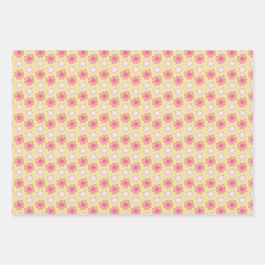 rosa und gelbe Retro-Blume Geschenkpapier Set (Vorderseite)