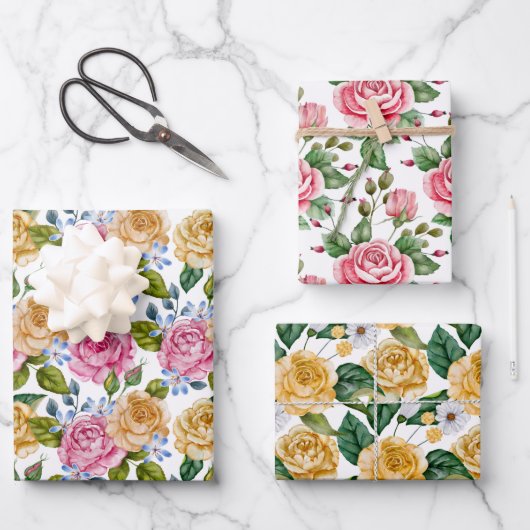 Rosa und Gelbe Rosen Geschenkpapier Set (Vorderseite)