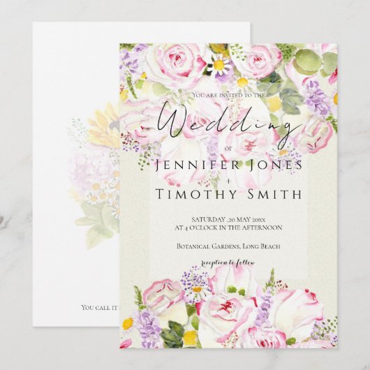 Rosa und gelbe Rosenbukett Wasserfarbe Einladung (Vorne/Hinten)