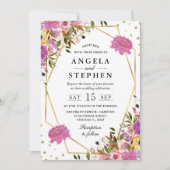 Rosa und gelbe Sommer-Blume Goldrahmen Hochzeit Einladung (Vorderseite)