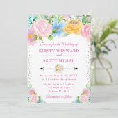 Rosa und gelbe Sommer-Blume Hochzeit Einladung (Stehend Vorderseite)