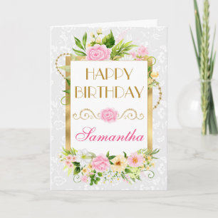 Rosa und gelbe Sommerblumen Goldfolie Geburtstag Karte
