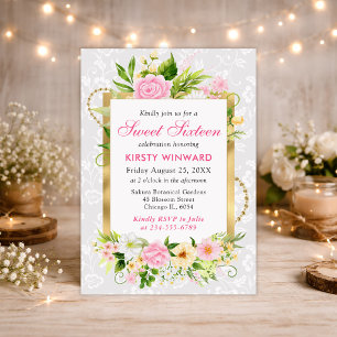 Rosa und gelbe Sommerblumen Goldfolie Sweet 16 Einladung