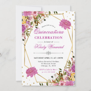 Rosa und gelbe Sommerblumen Quinceanera Einladung