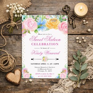 Rosa und gelbe Sommerblumen Sweet Sixteen Einladung