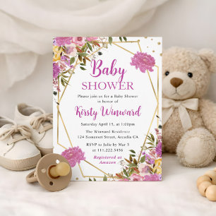 Rosa und gelbe Sommerblumen umrahmen Babyparty Einladung