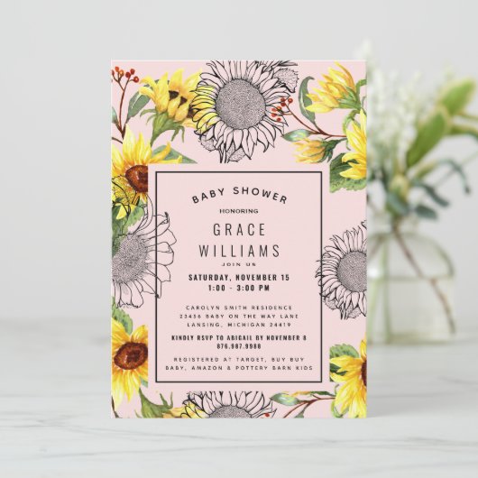 Rosa und gelbe Sonnenblume Kinderdusche Einladung (Stehend Vorderseite)