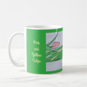 Rosa und gelbe Tulpen, die Kelly Green absetzen Kaffeetasse