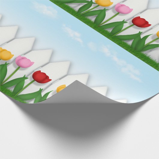 Rosa und gelbe Tulpen Weißer Zaun Geschenkpapier (Ecke)