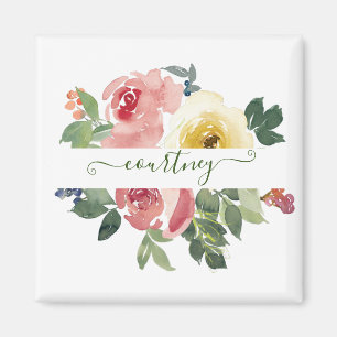 Rosa und gelbe Wasserfarbe floral personalisiert   Magnet